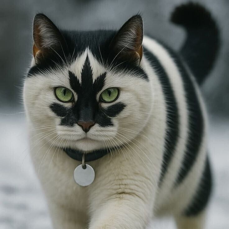 Черно-белая кошка на снегу, крупным планом