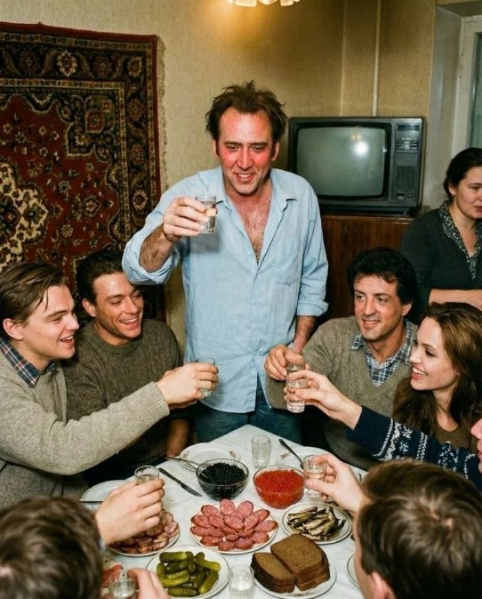 Группа людей за столом поднимает бокалы в тост вокруг тарелок и закусок.