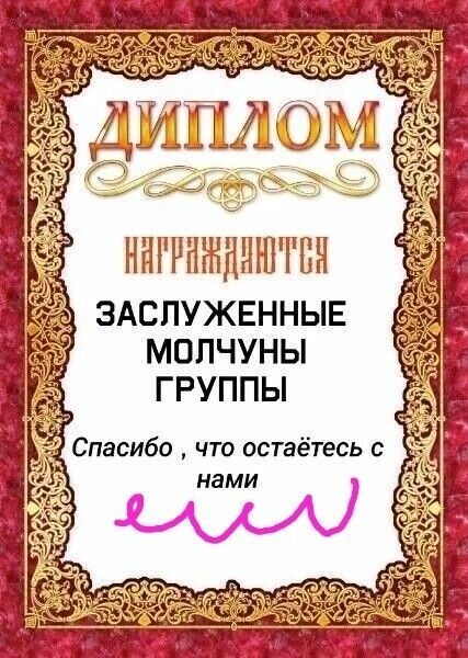 ДИПЛОМ Награждается ЗАСЛУЖЕННЫЕ МОЛЧУНЫЕ ГРУППЫ Спасибо, что остаётесь с нами