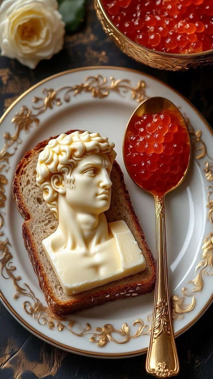 Роскошная закуска: хлеб с бюстом из сливочного масла и ложка икры на золотой тарелке