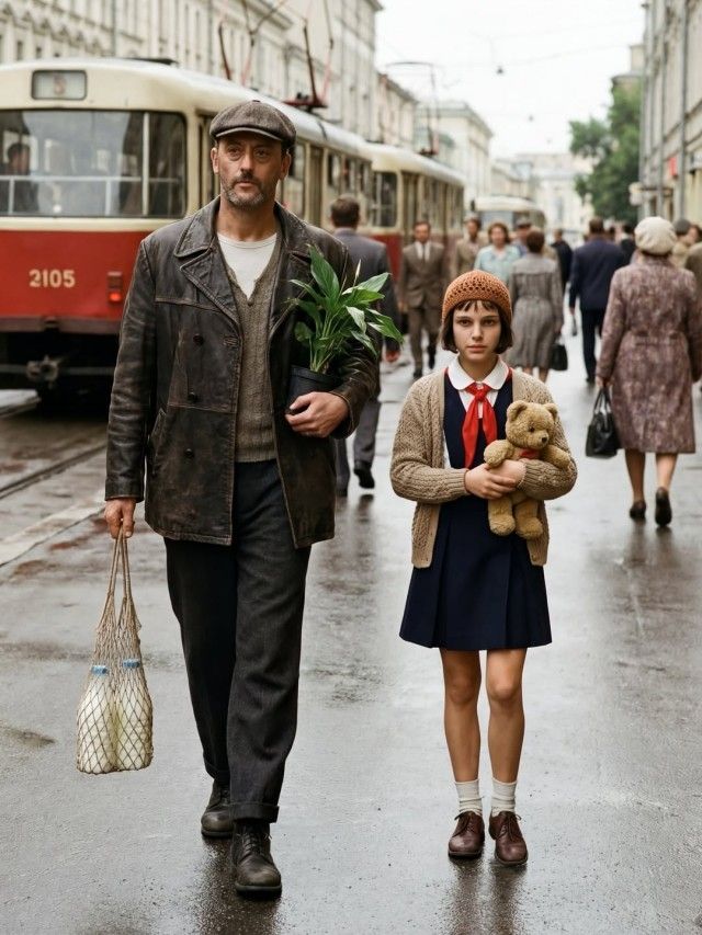 Пожилой мужчина и девочка идут по мокрой улице возле трамвая, мужчина держит растение, девочка — игрушечного медвежонка.