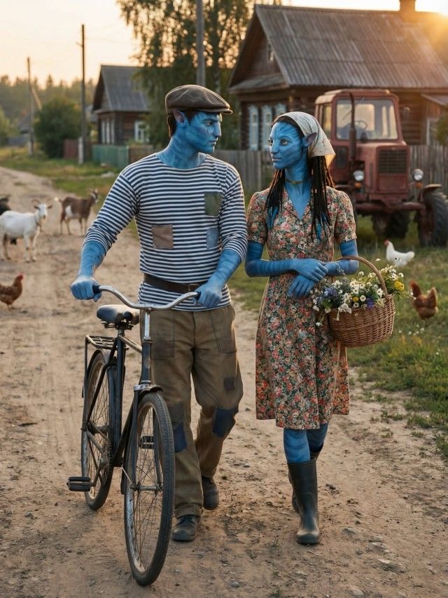 Два человека с синим цветом кожи идут рядом по сельской дороге, один ведет велосипед, рядом куры и деревенские дома