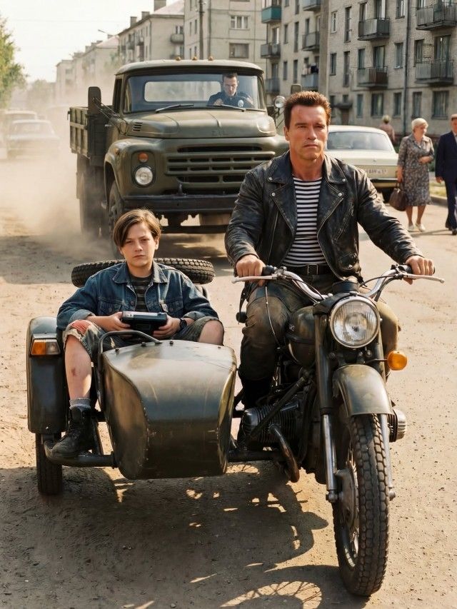 Мужчина на мотоцикле с прицепом-«боком» едет по городу, рядом стоит ребёнок в прицепе.