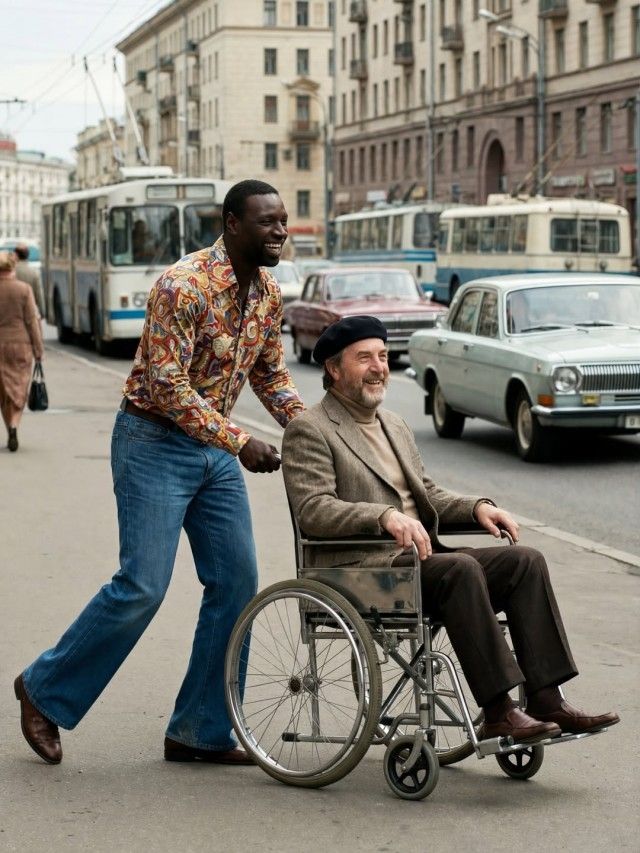 Мужчина в инвалидной коляске толкает его по улице, они улыбаются.
