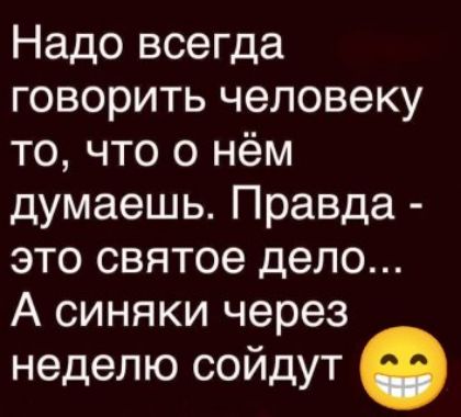 Надо всегда говорить человеку то, что о нём думаешь. Правда - это святое дело... А синяки через неделю сойдут 😁