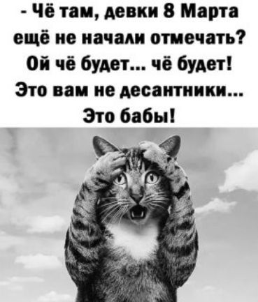 - Чё там, девки 8 Марта ещё не начали отмечать? Ой чё бывает... чё будет! Это вам не десантники... Это бабы!
