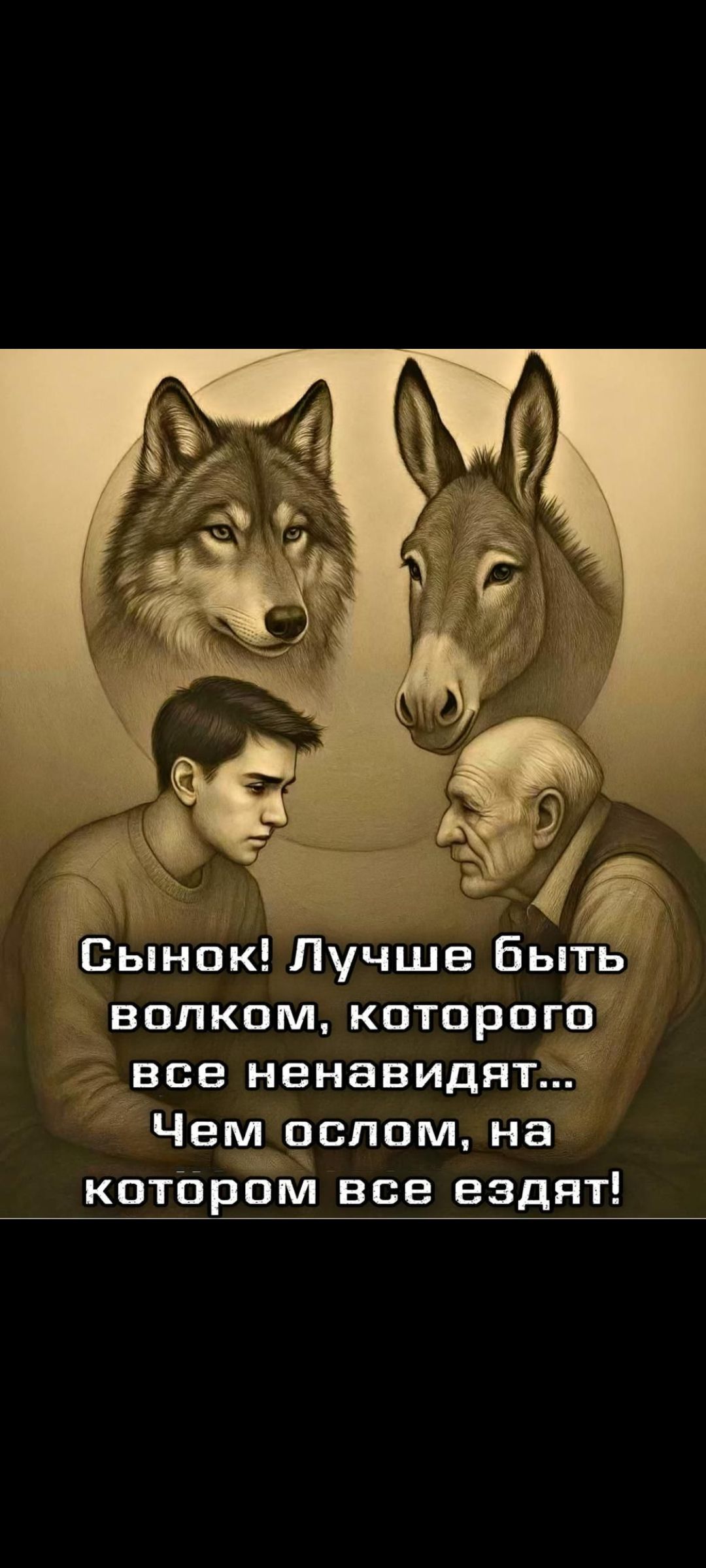 Сынок! Лучше быть волком, которого все ненавидят... Чем ослом, на котором все ездят!