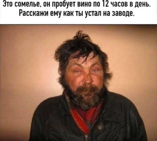 Это сомелье, он пробует вино по 12 часов в день. Расскажи ему как ты устал на заводе.