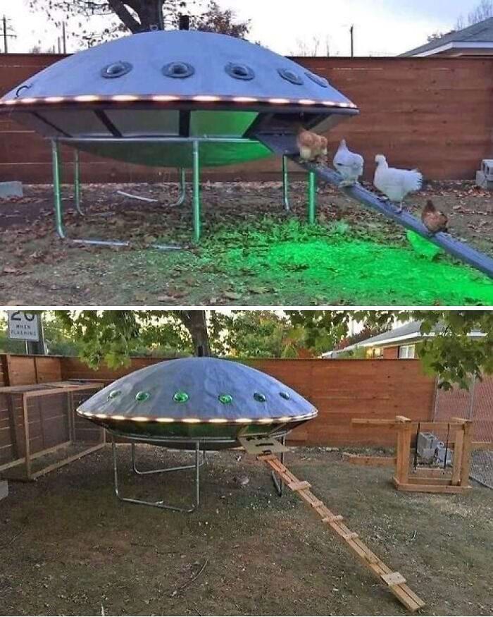 Неоновая летающая тарелка над двором, лазерная дорожка к земле