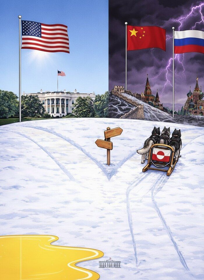 Слева флаг США на фоне Белого дома, справа флаги Китая и России на фоне молний; на снегу изображены дорожки с указателями и тележка с чемоданом, намекающим на конфликт/соперничество.