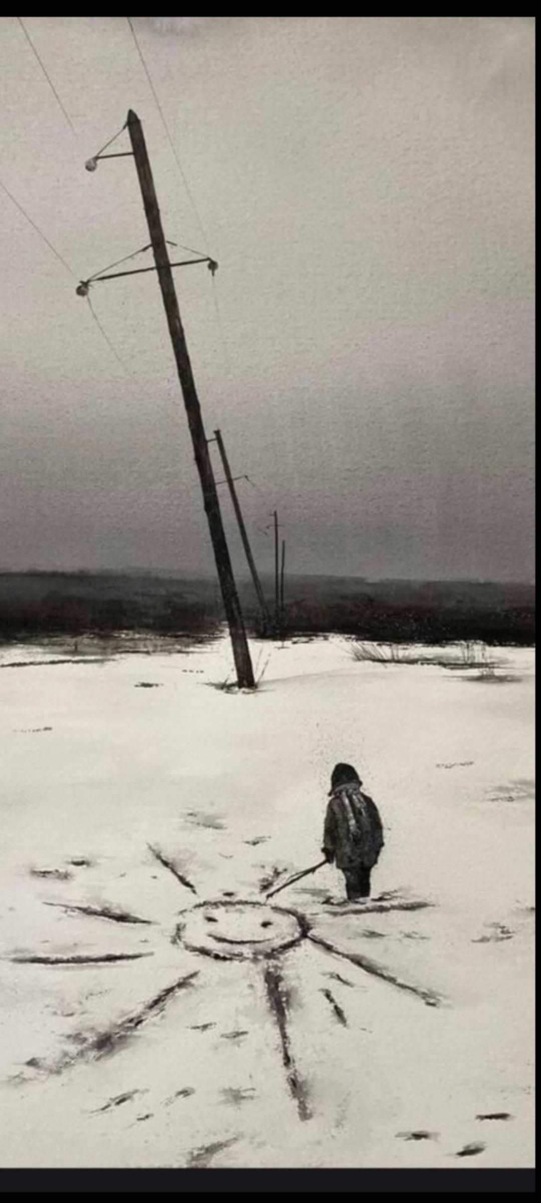 Мальчик идёт к круглой вычерченной фигуре на снегу, вдоль дороги стоят наклонённые опоры электропередачи