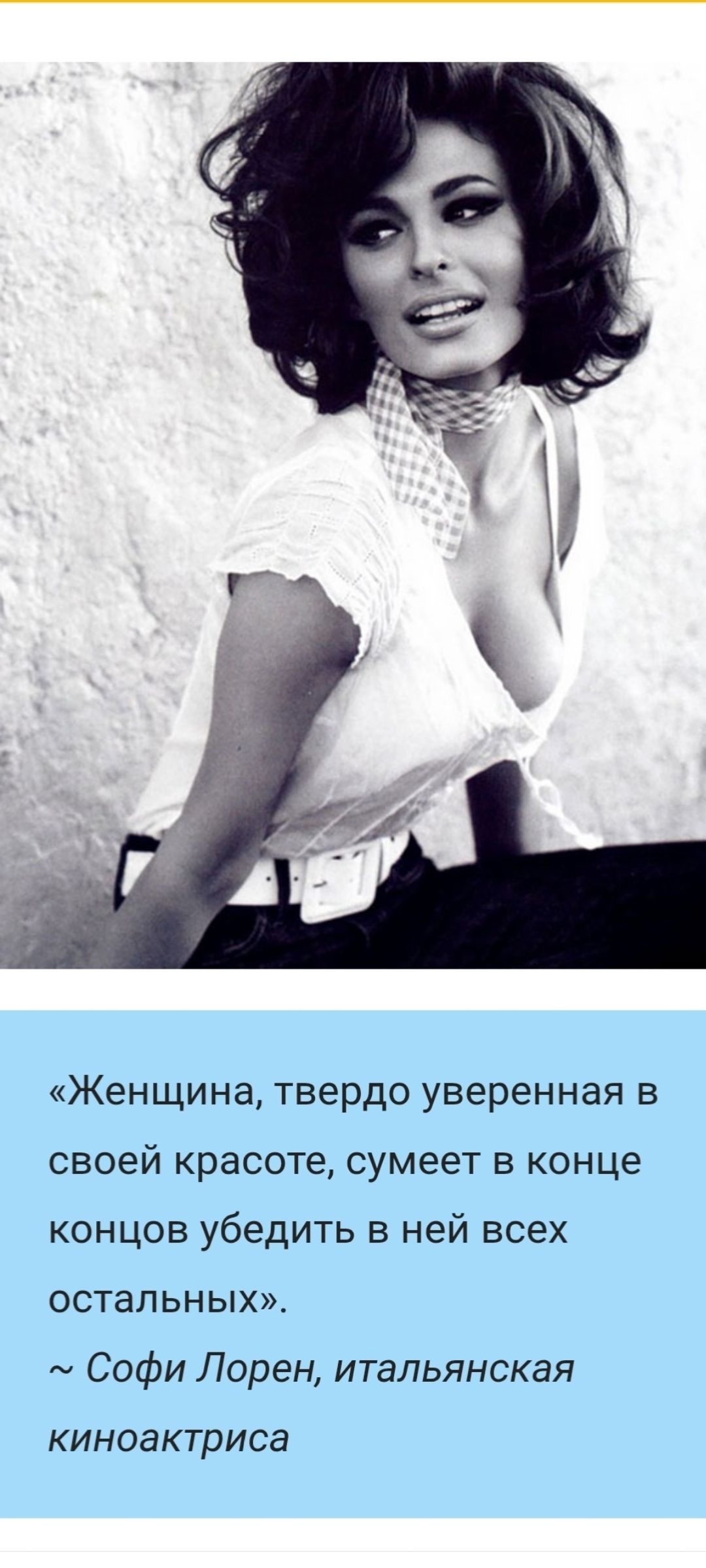 «Женщина, твердо уверенная в своей красоте, сумеет в конце концов убедить в ней всех остальных». ~ Софи Лорен, итальянская киноактриса