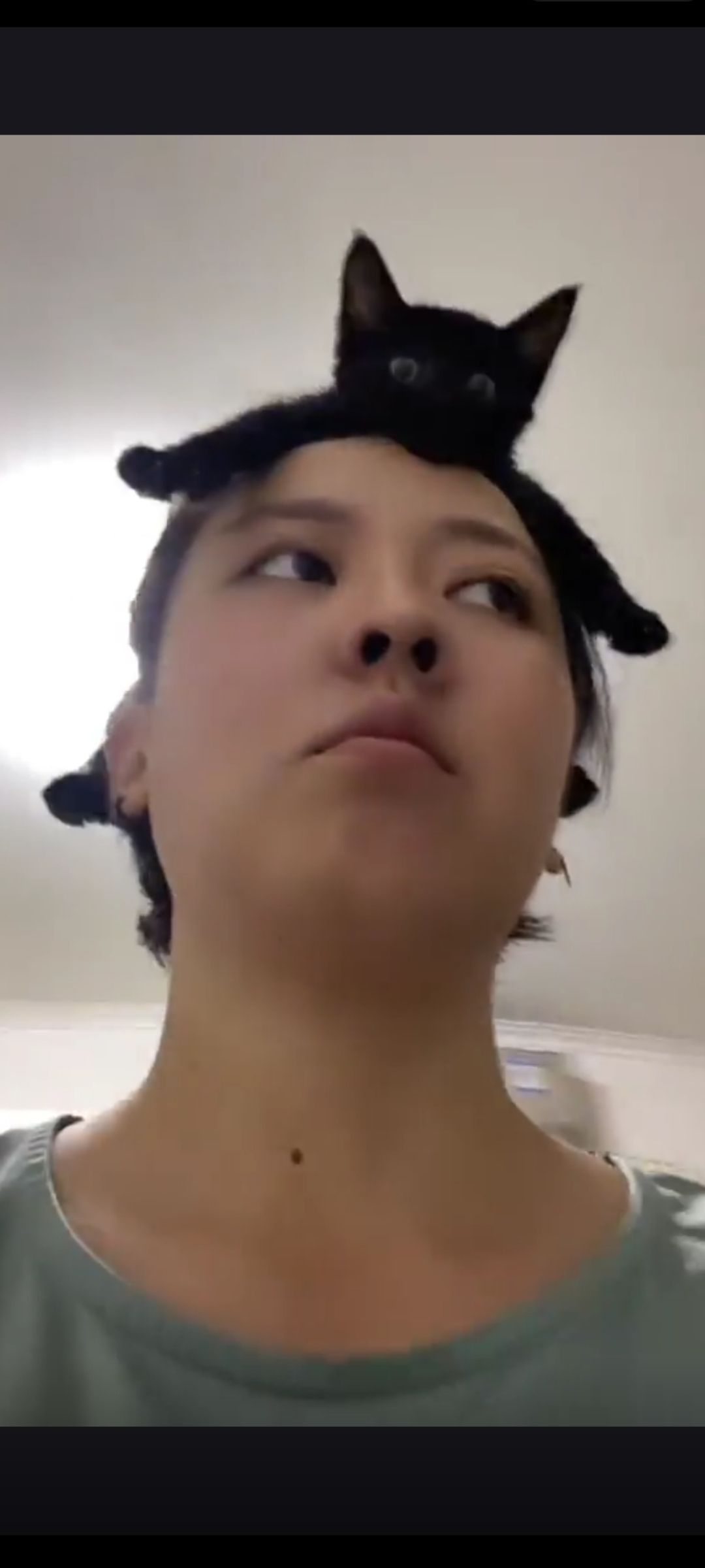 Девушка с черным котом, сидящим на голове как шапка