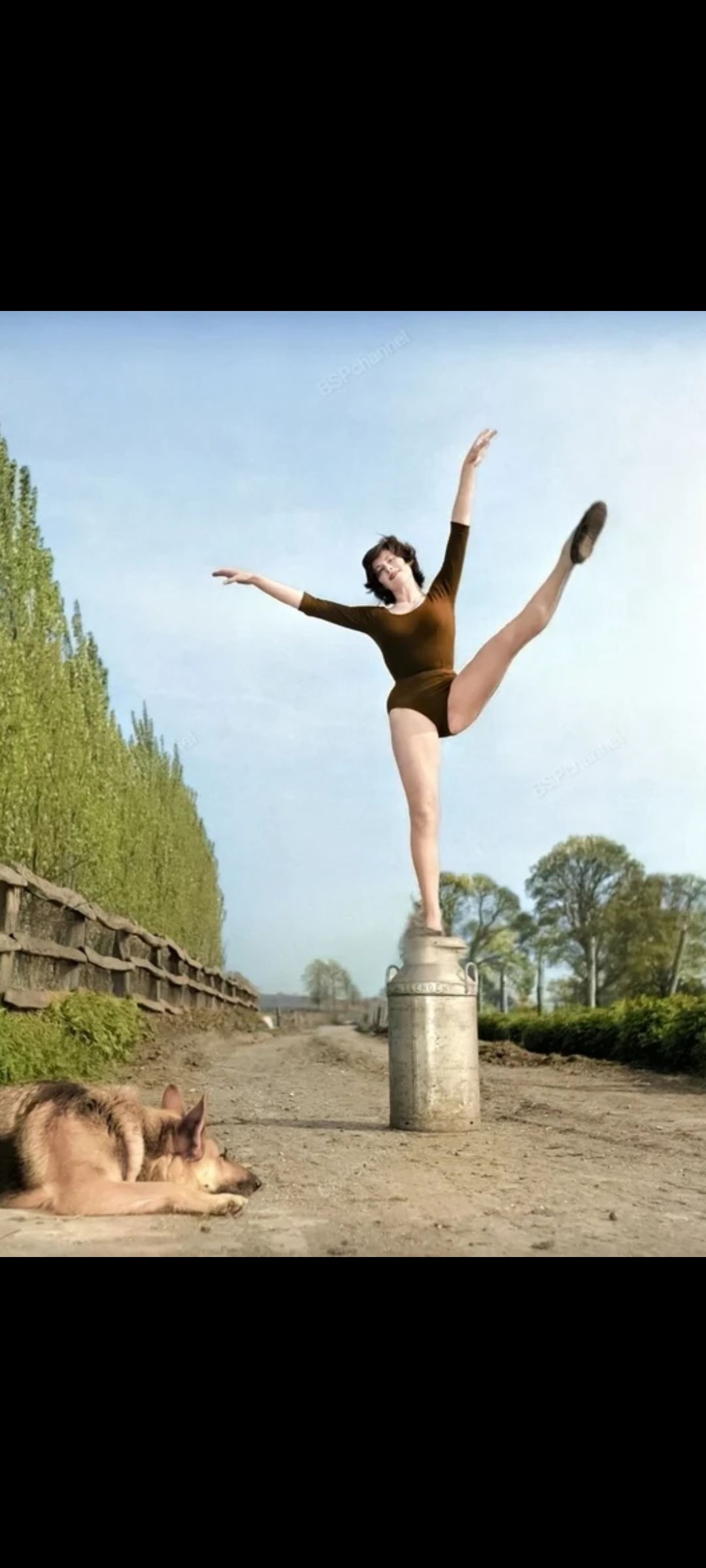 Балерина балансирует на металической канистре на дорожке, рядом лежит спящая собака.