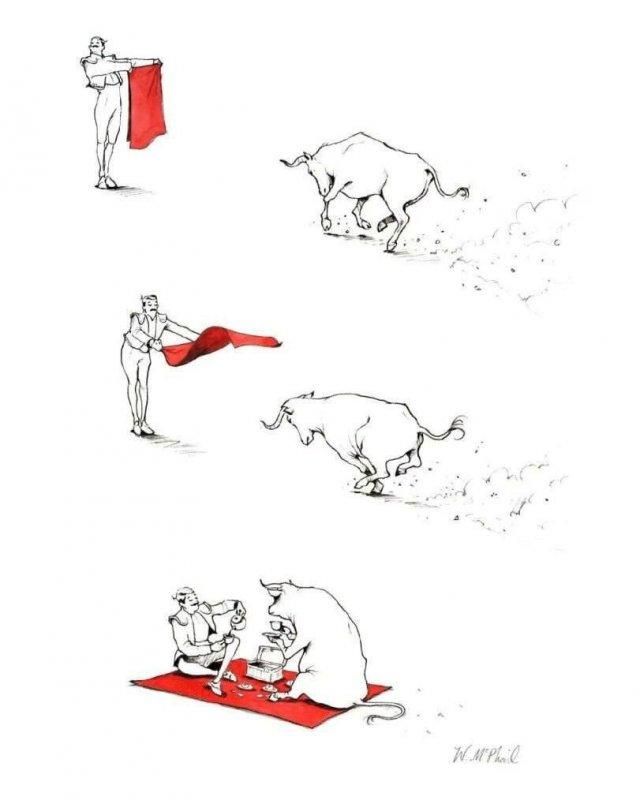 Кадры с быком и человеком с красной накидкой (комикс/скетч)