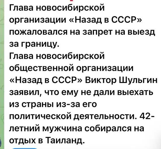 Глава новосибирской организации «Назад в СССР» пожаловался на запрет на выезд за границу. Глава новосибирской общественной организации «Назад в СССР» Виктор Шульгин заявил, что ему не дали выехать из страны из-за его политической деятельности. 42-летний мужчина собирался на отдых в Таиланд.