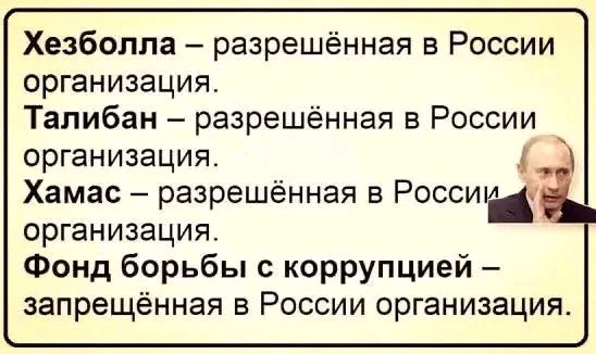 Хезболла – разрешённая в России организация. 
Талибан – разрешённая в России организация. 
Хамас – разрешённая в России организация. 
Фонд борьбы с коррупцией – запрещённая в России организация.