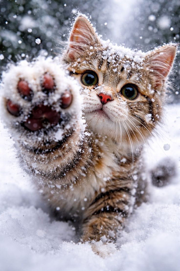 Милый кот в снегу, близко камера, лапа достает снег.