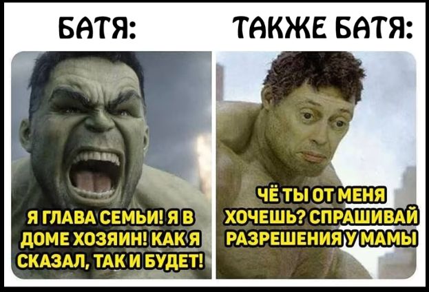 БАТЯ:
Я ГЛАВА СЕМЬИ! Я В ДОМЕ ХОЗЯИН! КАК Я СКАЗАЛ, ТАК И БУДЕТ!

ТАКЖЕ БАТЯ:
ЧЁ ТЫ ОТ МЕНЯ ХОЧЕШЬ? СПРАШИВАЙ РАЗРЕШЕНИЯ У МАМЫ: