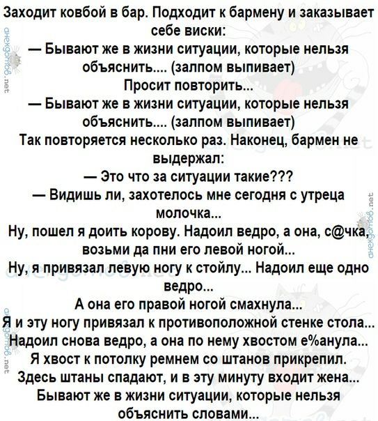 Заходит ковбой в бар. Подходит к бармену и заказывает себе виски: — Бывают же в жизни ситуации, которые нельзя объяснить.... (запалом выпивает) Просит повторить... — Бывают же в жизни ситуации, которые нельзя объяснить.... (запалом выпивает) Так повторяется несколько раз. Наконец, бармен не выдерживает. — Это что за ситуации такие??? — Видишь ли, захотелось мне сегодня с утра молочка.... Ну, пошёл и доить корову. Надоил ведро, а она, с@чка, возьми да пни её левой ногой.... Ну, я привязал левую ногу к столу.... Надоил ещё одно ведро.... А она по правой ноге сморщилась.... И я туго привязал к противоковидной стене стола.... Надоил снова ведро, а она мне хвостом шарах.... Я хвост вот так натянул и за это ухо прикрыл.... Теперь вот прячусь от всех, которые нельзя объяснить словами....