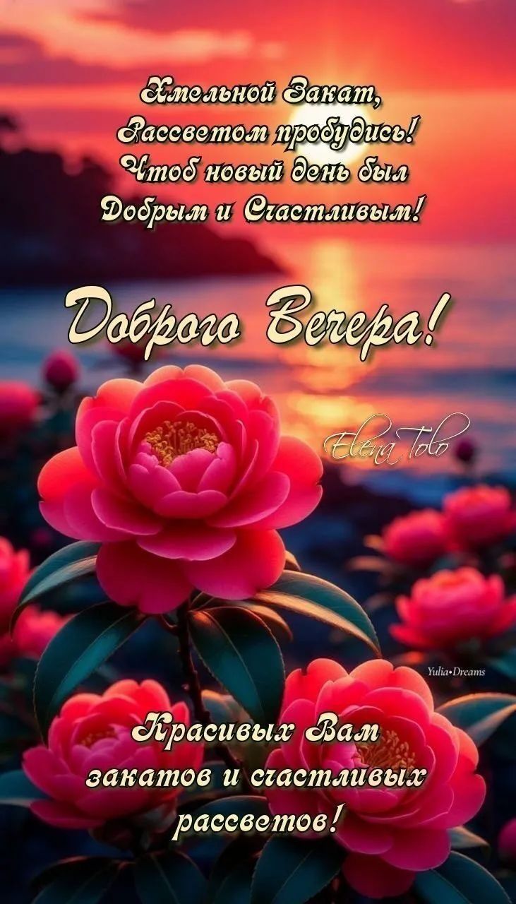 Желтенной закат, рассветом пробудись! Чтоб новый день был добрым и счастливым! Доброе вечера! Красивы Вам закатов и счастливых рассветов!