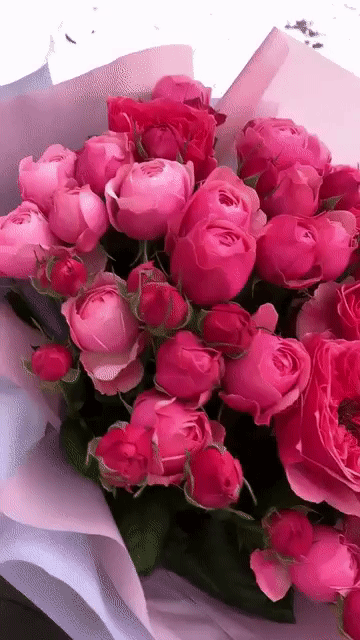 Букет из розовых роз, обернутый розовой бумагой.