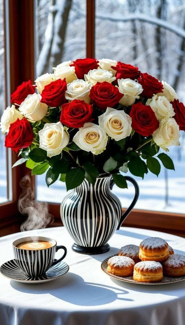 Крупный букет красно-белых роз в черно-белой вазе на столе у окна зимой, рядом кофе и пирожные.