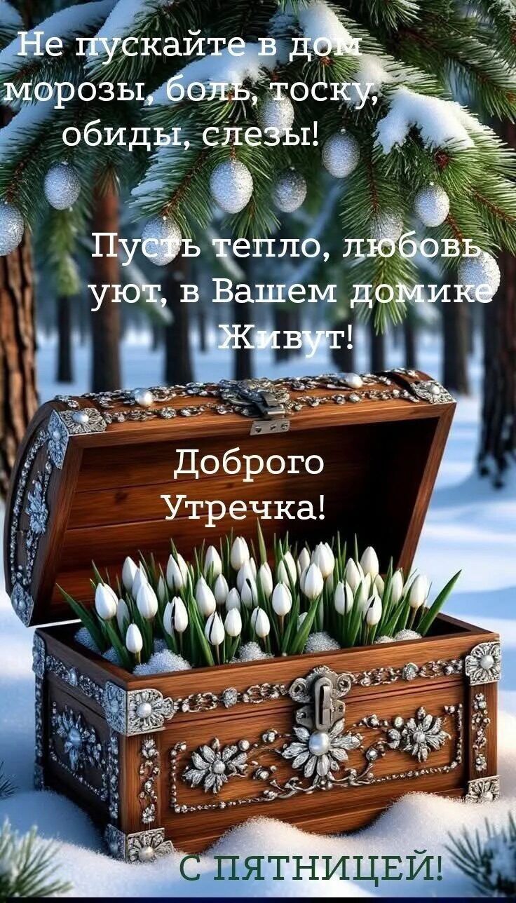 Не пускайте в дом морозы, боль, тоску, обиды, слезы! Пусть тепло, любовь уют, в Вашем домике Живут! Доброго утречка! С пятницей!