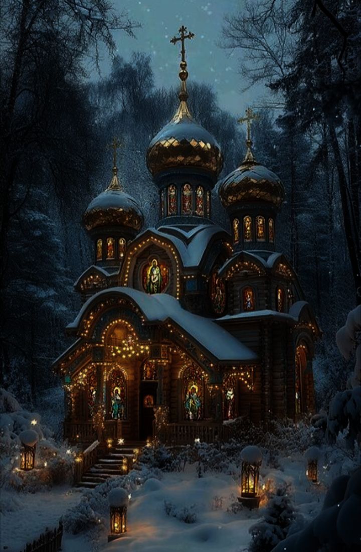 Зимний православный храм с куполами в неоне света под снежным вечером