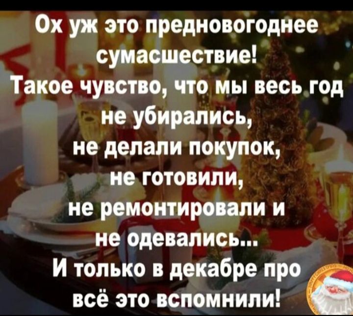 Ох уж это предновогоднее сумасшествие! Такое чувство, что мы весь год не убирались, не делали покупок, не готовили, не ремонтировали и не одевались... И только в декабре про всё это вспомнили!