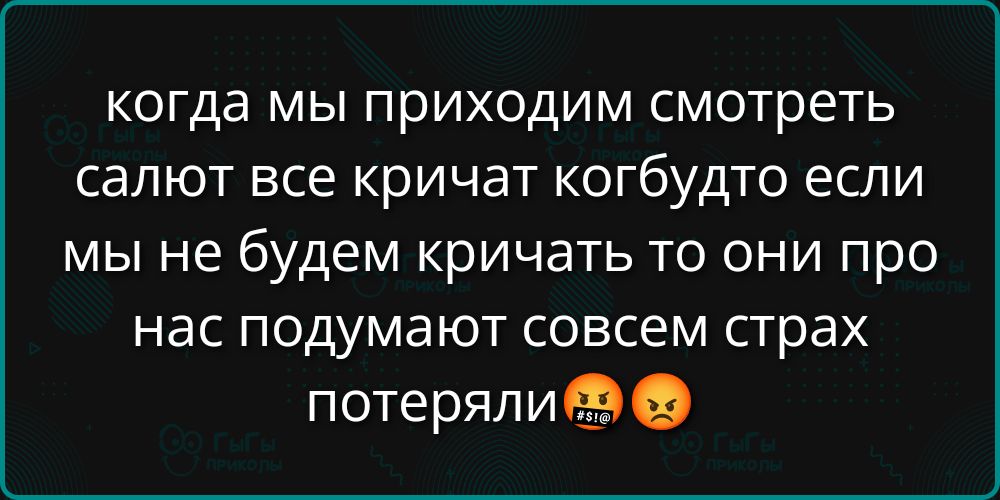 когда мы приходим смотреть салют все кричат когбудто если мы не будем кричать то они про нас подумают совсем страх потеряли 😡😠