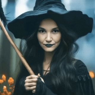 Девушка в образе ведьмы с широкополой шляпой и палочкой.