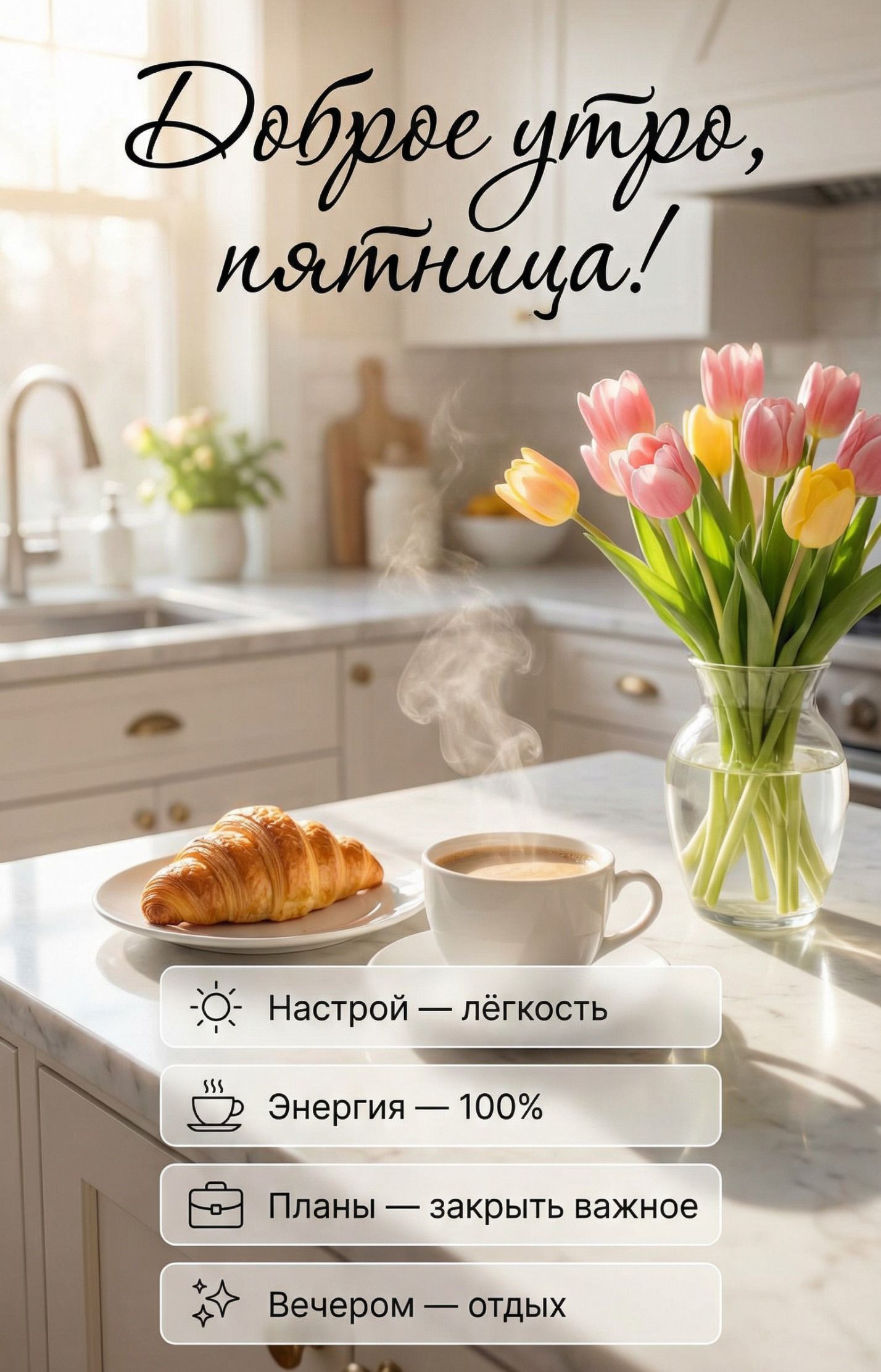 Доброе утро, пятница!\n\nНастрой — лёгкость\nЭнергия — 100%\nПланы — закрыть важное\nВечером — отдых