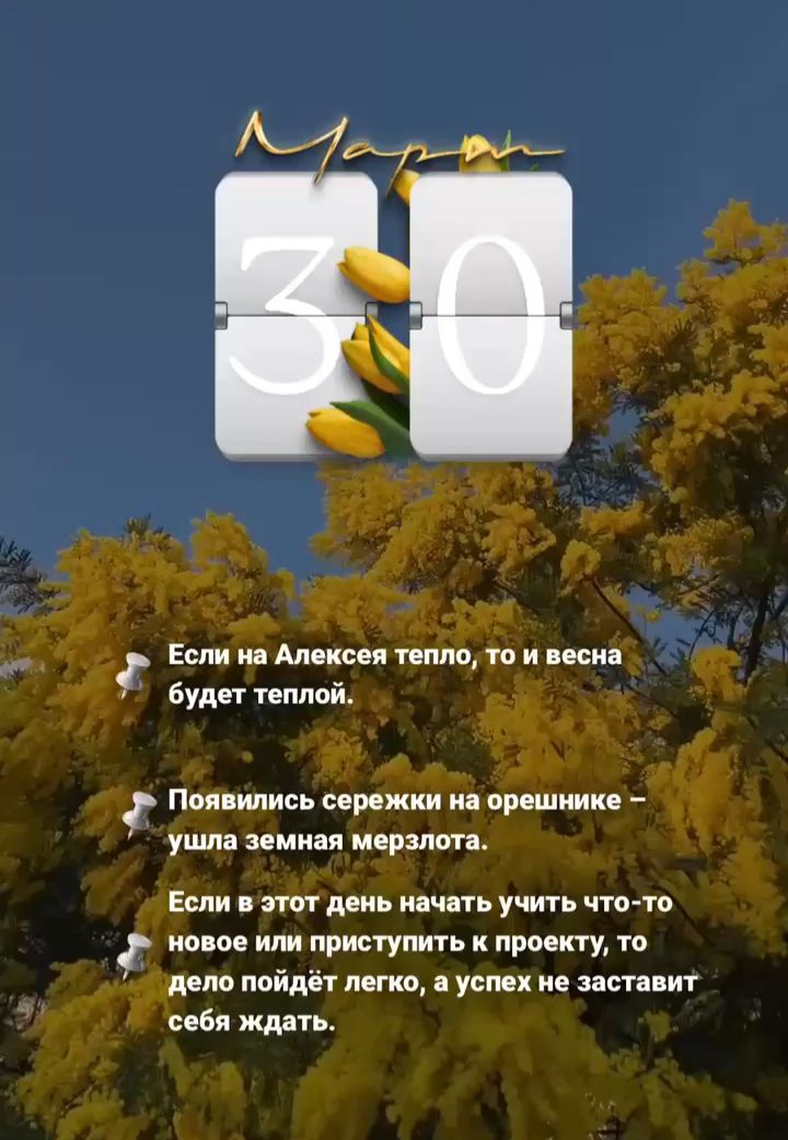 Март 30. Если на Алексея тепло, то и весна будет теплой. Появились сережки на орешнике – ушла земная мерзлота. Если в этот день начать учить что-то новое или приступить к проекту, то дело пойдёт легко, а успех не заставит себя ждать.