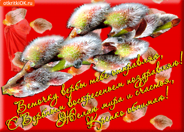 otkritkiOK.ru Веточку вербы тебе отправляю, С Вербным воскресеньем поздравляю! Желаю мира и счастья, Крепко обнимаю!