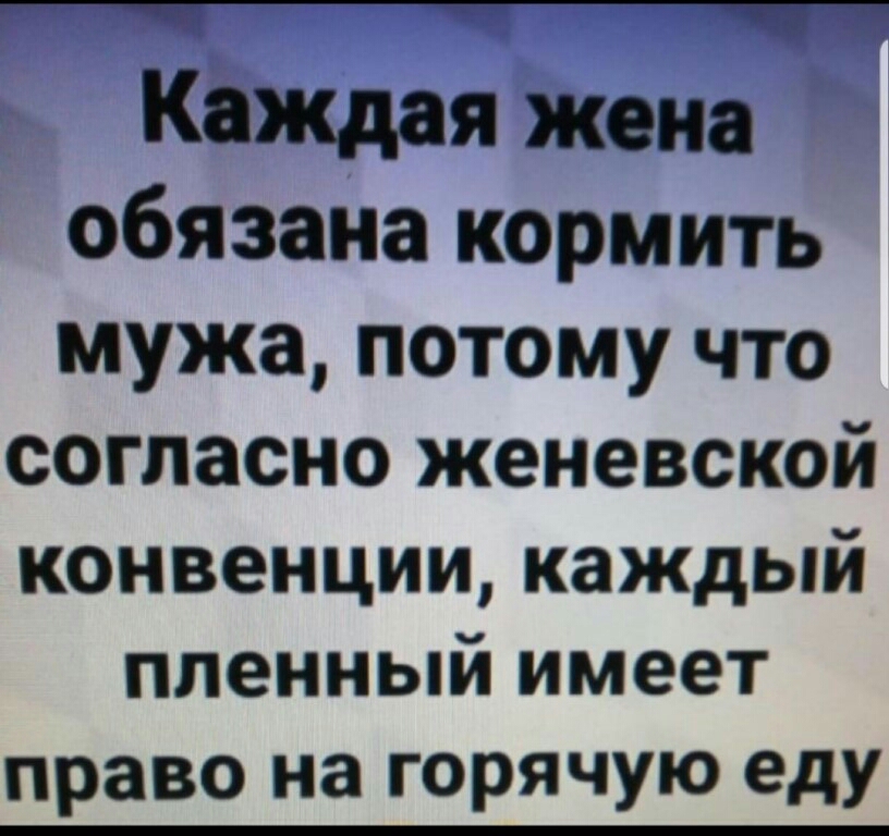 КаЖдая жена обязана кормить мужа потому что согласно женевской конвенции каждый пленный имеет право на горячую еду