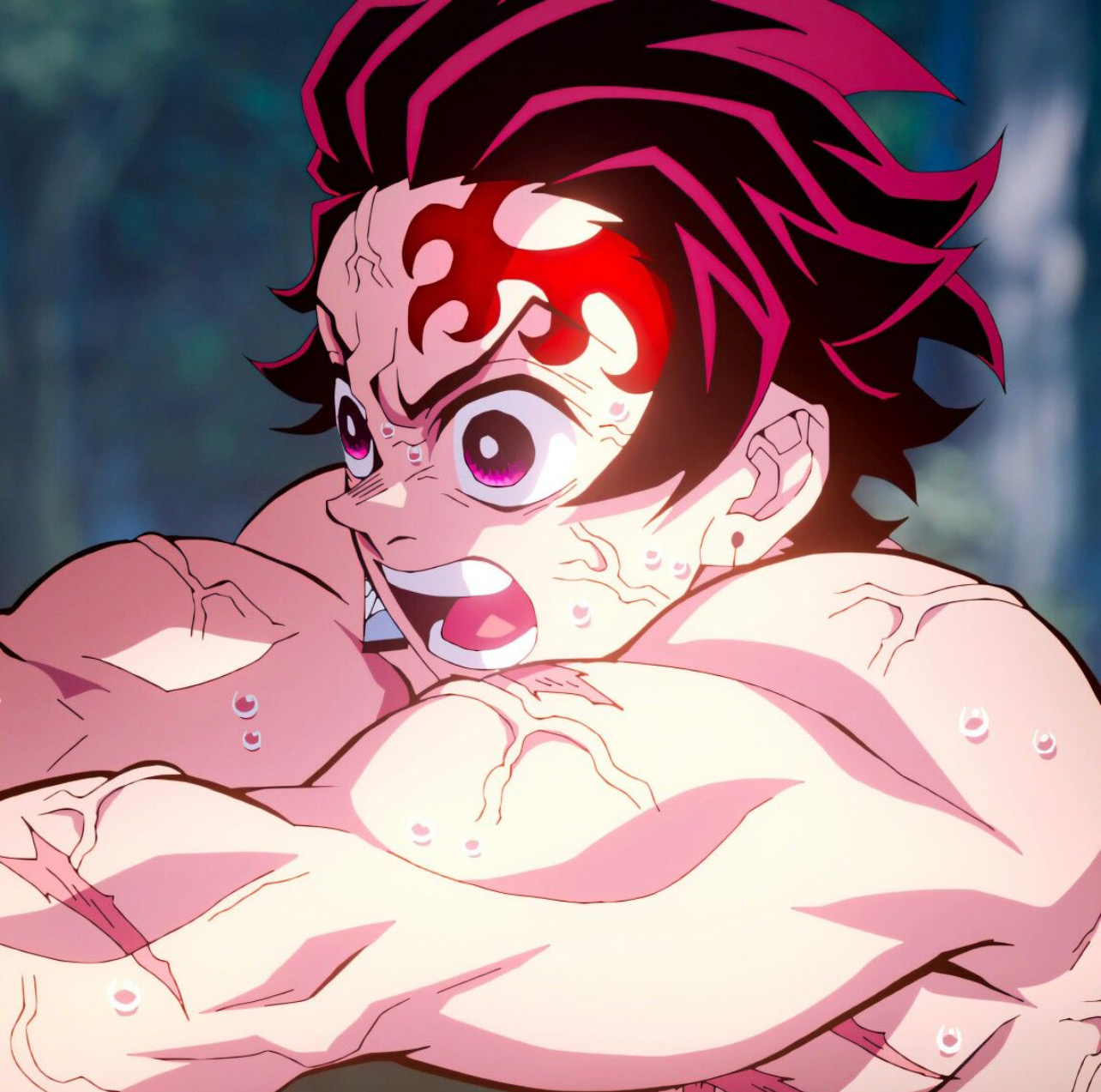 Персонаж аниме в напряжённом боевом моменте, сильно мускулистый и ув другой эмоций