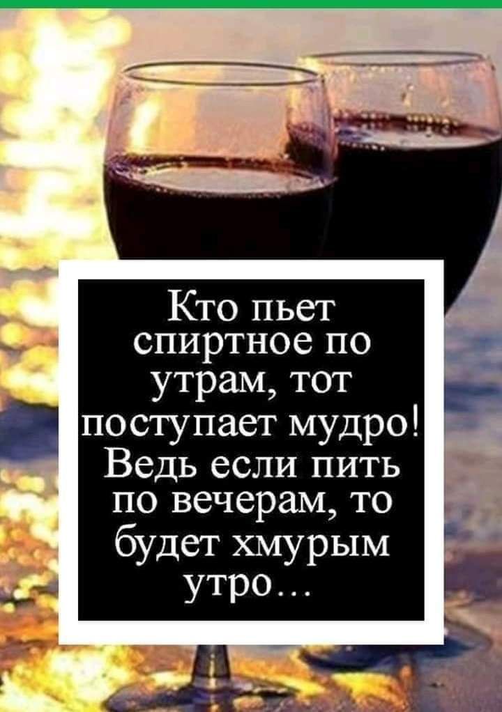 Кто пьет спиртное по утрам тот поступает мудро Ведь если пить по вечерам то будет хмурым утро