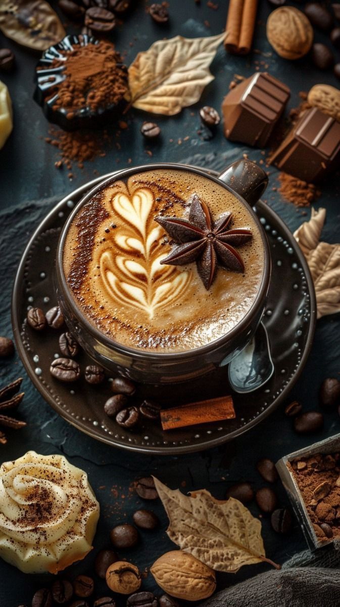 Кружка кофе с рисунком латте, рядом шоколад и осенние листья