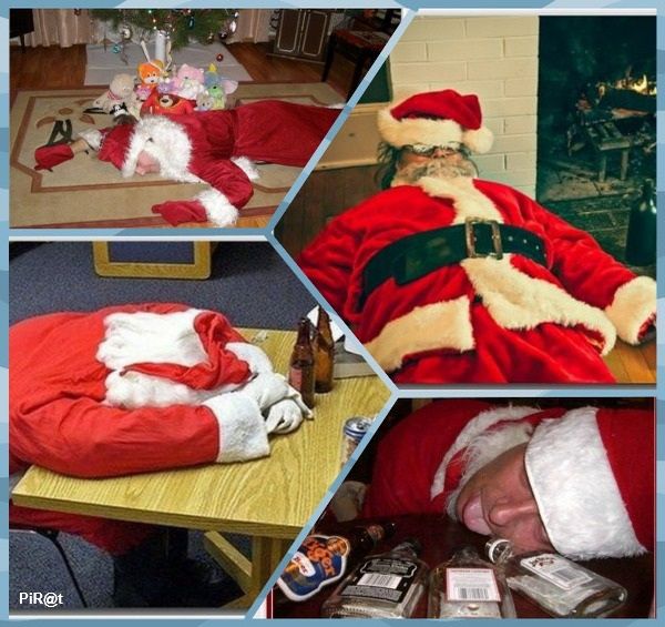 Несколько сцен с Санта-Клаусом в праздничной обстановке: лежит на столе, рядом бутылка, подарки и ёлочные украшения.