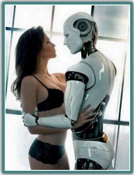 Женщина в белье близко взаимодействует с роботом в футуристическом кадре.