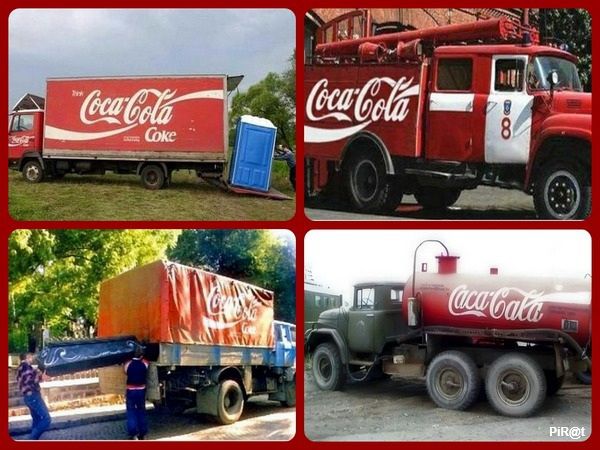 На фото коллаж из четырёх грузовиков и цистерн Coca‑Cola с яркими красно-белыми логотипами.