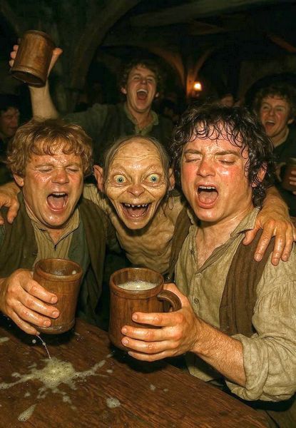 Группа людей в таверне поднимает кружки и смеются, пьяно весёлое фото