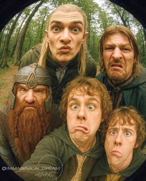 Группа друзей в лесу в костюмах фантазий снимает селфи с забавными лицами.