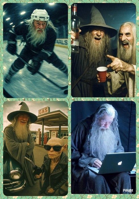 Коллаж из стариков в костюмах волшебников и геральдических бород.