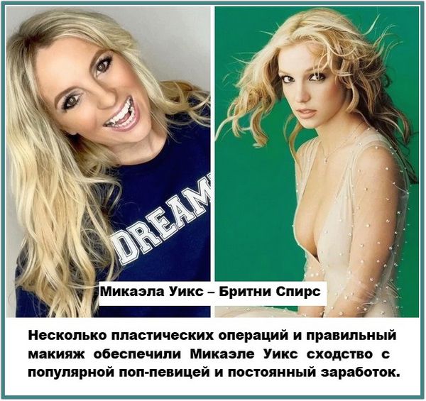 Микаэла Уикс – Бритни Спирс Несколько пластических операций и правильный макияж обеспечили Микаэла Уикс сходство с поп-певицей и постоянный заработок.