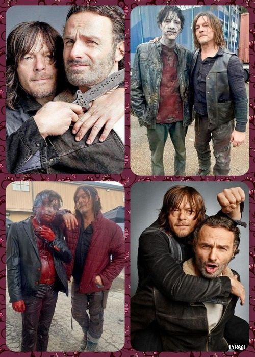 Коллаж из четырех фото двух мужчин в кожаных куртках, в образах зомби/постапокалипсиса.
