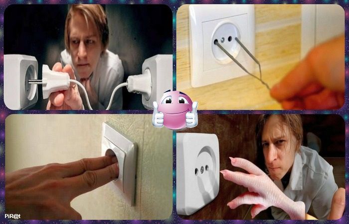 коллаж: мужчина пытается включить разные розетки и кажется раздраженным
