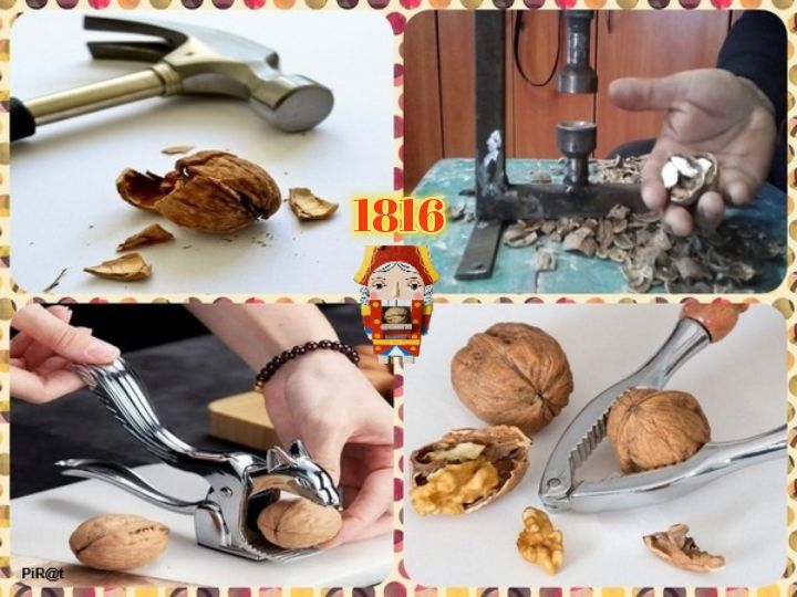 1816 PIR@t. На изображении показаны различные способы колки грецких орехов: молотком, механическим прессом, орехоколом в форме белки и классическим орехоколом.
