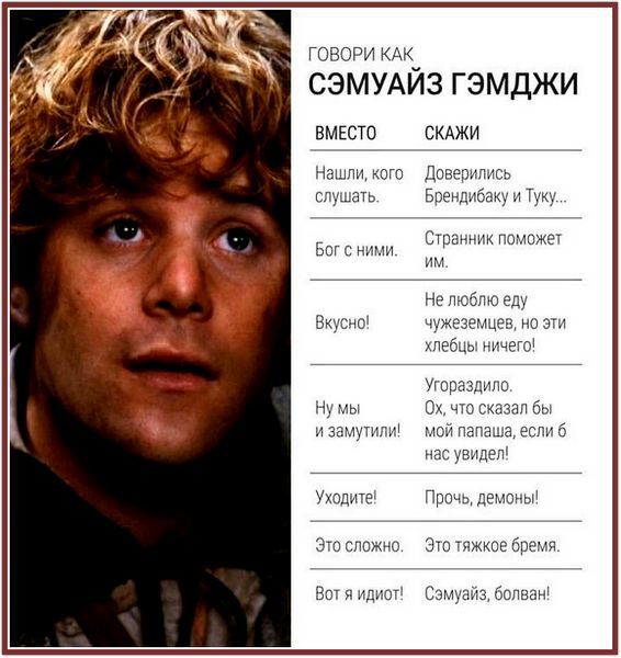 ГОВОРИ КАК СЭМУАЙЗ ГЭМДЖИ ВМЕСТО СКАЖИ Нашли, кого слушать. Доверились Брендибаку и Туку... Бог с ними. Странник поможет им. Вкусно! Не люблю еду чужеземцев, но эти хлебцы ничего! Ну мы и замутили! Угораздило. Ох, что сказал бы мой папаша, если б нас увидел! Уходите! Прочь, демоны! Это сложно. Это тяжкое бремя. Вот я идиот! Сэмуайз, болван!